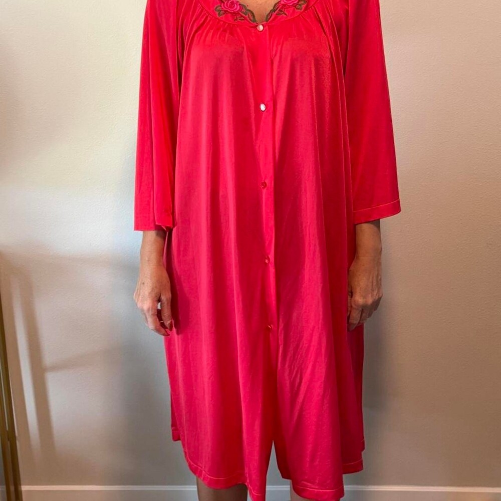 Vintage Red Shadowline nylon nightgown with embroidered roses on the neckline, s